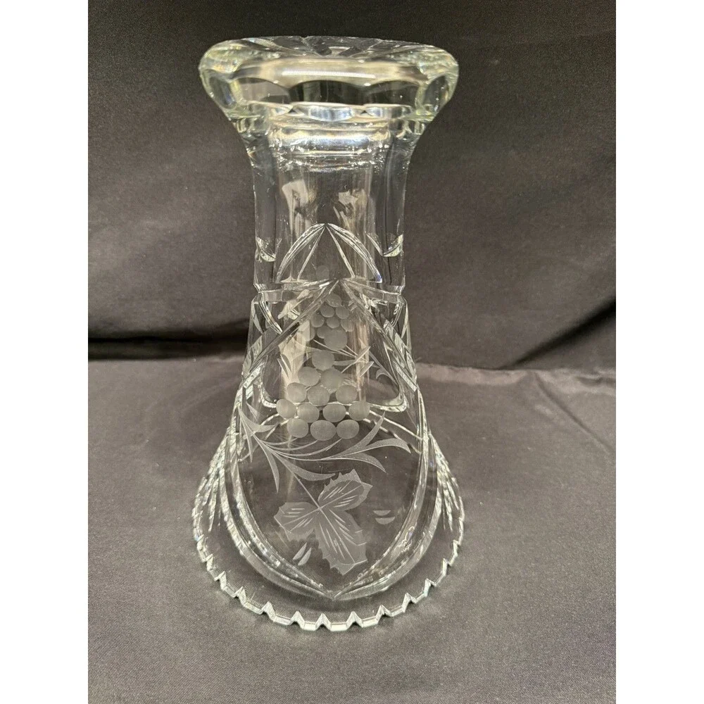 Vintage Crystal clear cut glass Vase Germany Lausitzer Glas etched grapes 10.5”